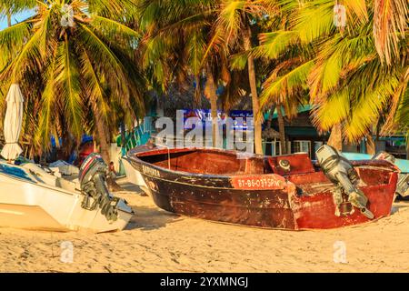 A row of boats are sitting on the beach, including a red one with the numbers 6-8-1-9 on it Stock Photo