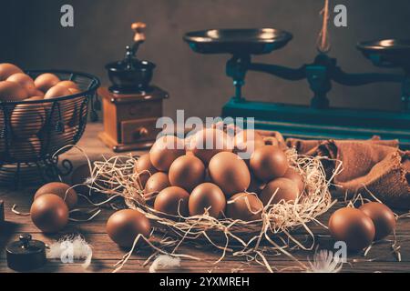 Organic brown eggs on kitchen table Stock Photo