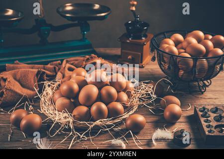 Organic brown eggs on kitchen table Stock Photo