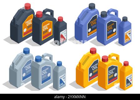 Isometric illustration of engine oil containers in various colors and sizes. Essential automotive supplies for vehicle maintenance, lubrication, and Stock Vector