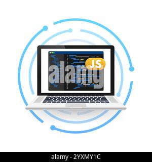 Laptop showing javascript code on screen programming and software development Stock Vector