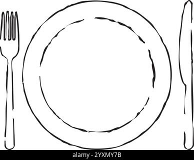 Plate, fork and knife grunge icon. Hand drawn brush vector illustration. Stock Vector
