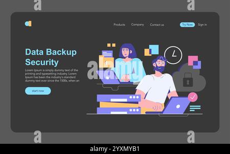 Data Backup Security concept. Digital illustration portraying two professionals ensuring the safety of data in a cloud storage system. Workstation and online protection. Vector illustration. Stock Vector