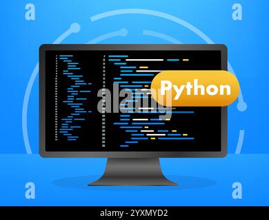 Computer monitor displaying python programming language code on blue background Stock Vector