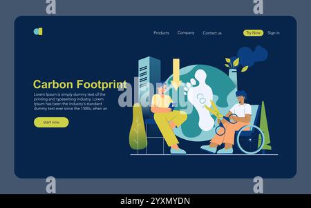 Carbon Footprint concept. Individuals assessing their environmental impact with interactive tech. Awareness on reducing CO2 emissions. Vector illustration. Stock Vector
