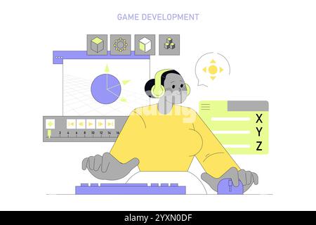 Women in Technology concept. Female game developer working on computer graphics, showcasing diversity in tech fields. Vector illustration. Stock Vector