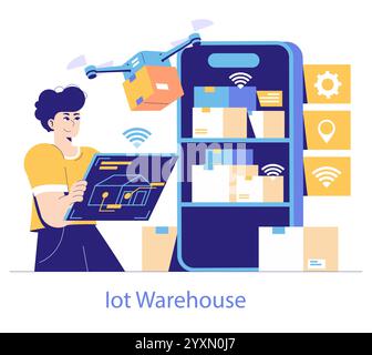 Logistics Automation concept. Modern warehouse management with IoT technology and drones. Seamless shipping process coordination. Vector illustration. Stock Vector