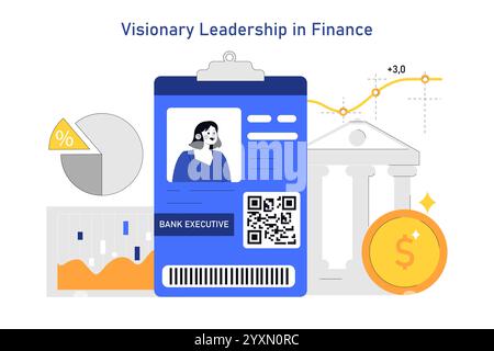 Women Leadership in Finance concept. Illustration of female bank executive with financial graphs, pie chart, and banking symbols. Leadership, finance, and equality themes. Vector illustration. Stock Vector