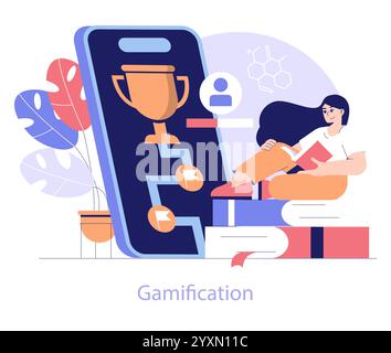 Edtech concept. Engaged student learning through gamification app with progress rewards. Digital education with interactive elements. Vector illustration. Stock Vector