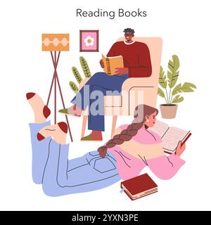 Reading Books concept. Cozy home atmosphere with two people absorbed in reading. Indoor relaxation, leisure activity, and literary enjoyment. Vector illustration. Stock Vector