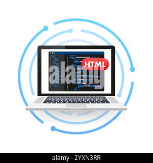Laptop showing html code on screen programming and web development Stock Vector