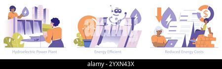 Hydropower set. Sustainable energy generation, technological efficiency, and cost-saving strategies. Urban renewable power sources, AI advancements, economic benefits. Vector illustration. Stock Vector