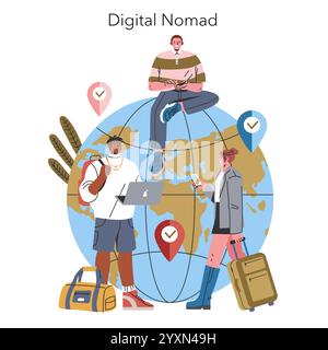 Millennial Hobbies concept. Digital nomads work and travel, illustrated with a globe, tech gadgets, and check-in points. Remote work flexibility. Vector illustration. Stock Vector