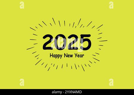 Bright yellow background with 2025 in bold black text, surrounded by decorative rays. Stock Vector