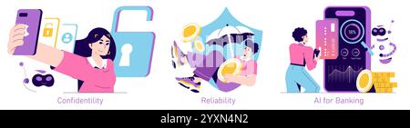 Banking sector set. Digital security, financial stability, and AI technology integration in modern banking. Secure transactions, trusted services, and smart systems. Vector illustration. Stock Vector