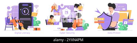 Internet Safety Day set. Digital literacy, cybersecurity and data protection importance. Educating users on safe browsing and personal information defense. Vector illustration. Stock Vector