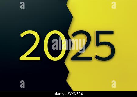 Modern 2025 text design with a bold yellow-black split background and sharp contrasts Stock Vector