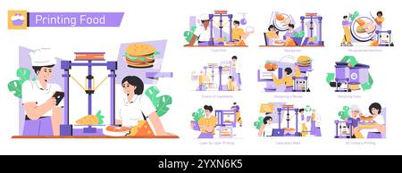 Printing Food set. Innovative culinary techniques featuring 3D food printers. Chefs creating dishes, personalized nutrition solutions, sustainable practices. Vector illustration. Stock Vector