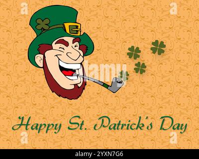 Man with a green hat and a pipe is smiling and blowing smoke. The background is orange and has a pattern. Shamrock Saint Patrick Day Rainbow St Paddy Stock Vector