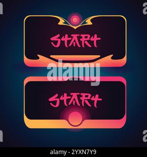 A futuristic neon-style user interface button design featuring the word "START" in a bold artistic font. The buttons are colored with a vibrant gradie Stock Vector