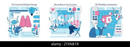 Automation in creativity set. Robots designing clothes, creating art based on emotions, and automating 3D modeling. Human-AI collaboration. Vector illustration. Stock Vector