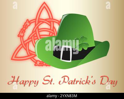 Green hat with a shamrock on it is on a white background. The hat is on a sign that says Happy St. Patrick's Day. Shamrock Saint Patrick Day Rainbow S Stock Vector