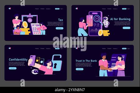 Banking Sector set. Modern digital banking services, AI technology, and secure transactions online. Financial management, data protection. Vector illustration. Stock Vector