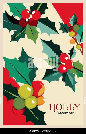 Retro styled poster, card with Holly vector art Stock Vector