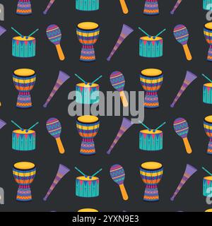 Seamless repeating pattern of percussion instruments. Stock Vector