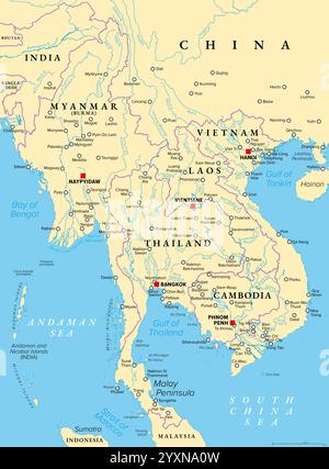 Northern part of Mainland Southeast Asia, transport political map. Countries Thailand, Vietnam, Myanmar, Laos, and Cambodia. Stock Photo