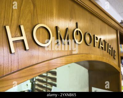 Homeopathy lettering in an old pharmacy in Duesseldorf, Germany, Europe Stock Photo