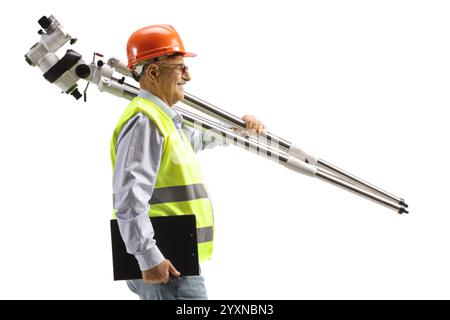 Engineer walking and carrying measuring instrument isolated on white background Stock Photo