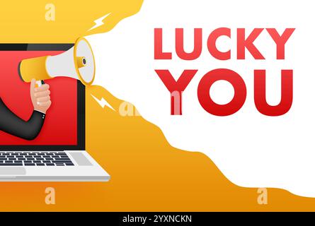 Businessman shouting lucky you through megaphone from laptop screen Stock Vector
