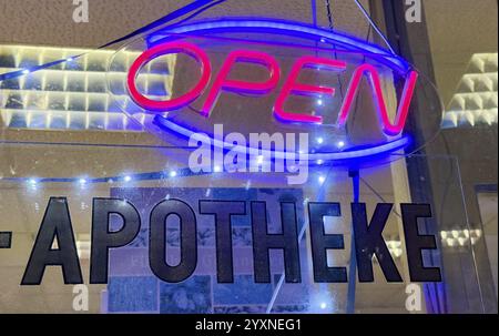 Neon Open sign on a pharmacy in Duesseldorf Stock Photo