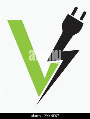 Initial Letter V Electric Logo Concept With Power and Electric Plug Symbol Vector Template Stock Vector