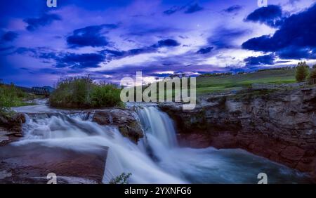 Venus in the evening twilight over Lundbreck Falls, Alberta, Canada. Stock Photo