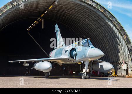 French Air Force Mirage 2000-5F in front of a shelter at Luxeuil-Saint Sauveur Air Base, France. Stock Photo