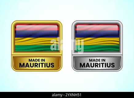 Made in Mauritius label icon in gold and silver color. Flag icon set for business Stock Vector