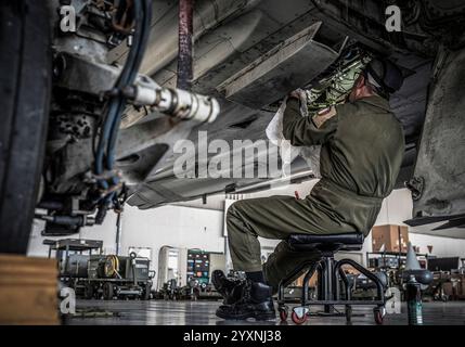 Maintenance personnel work on an Italian Air Force EF-2000 Typhoon. Stock Photo