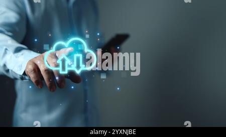 Cloud storage security and internet service, Man hands point at cloud computing icon, Concept of big data digital connection on communication networks Stock Photo