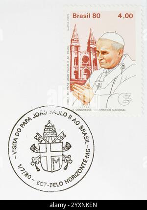 Cancelled postage stamp printed by Brazil, that celebrates Visit of Pope John Paul II to Brazil, circa 1980. Stock Photo