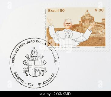 Cancelled postage stamp printed by Brazil, that celebrates Visit of Pope John Paul II to Brazil, circa 1980. Stock Photo