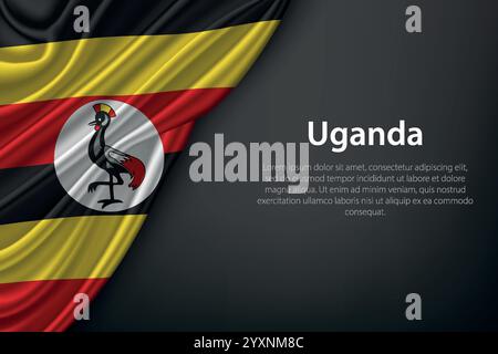 Realistic depiction of the Uganda flag with flowing texture on a dark background Stock Vector