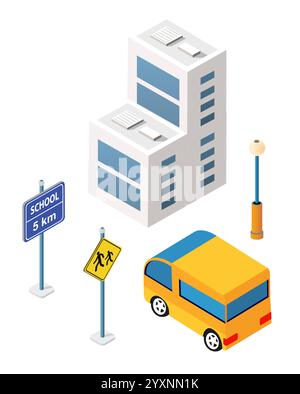 School bus moving on road near school building, road signs and street lamp in isometric projection Stock Vector