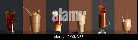 Collage of splashing coffee beverages on dark and brown background Stock Photo