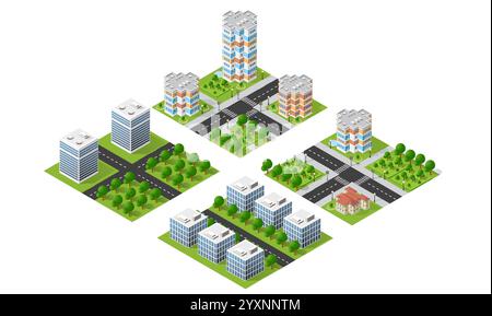 Isometric city tiles representing modern buildings, parks, roads, and other urban elements creating a miniature cityscape Stock Vector