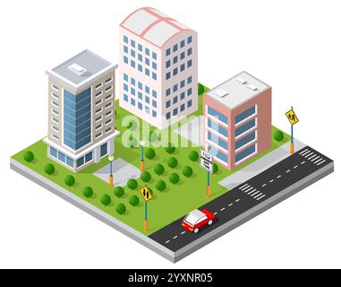 Isometric view of a city landscape featuring modern buildings, a street with a red car, pedestrian crossing, no parking signs, trees, and green spaces Stock Vector