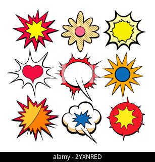 Set of nine comic style speech bubbles with different shapes, colors and patterns expressing different feelings Stock Vector