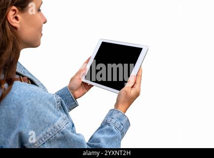 Isolated modern female person using digital tablet. Stock Photo
