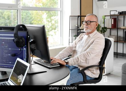 Mature programmer working with computer at table in office Stock Photo